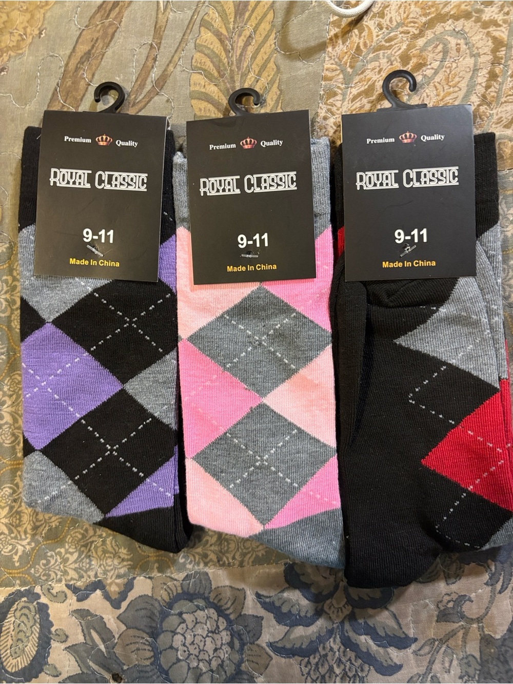 Classic Argyle Dress Socks Trio - Purple, Pink, Red , pack of three.